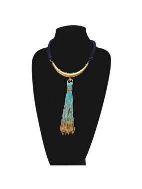 CHICO’S | Navy Rope & Aqua Beaded Tassel Golden Collar Necklace | NEW